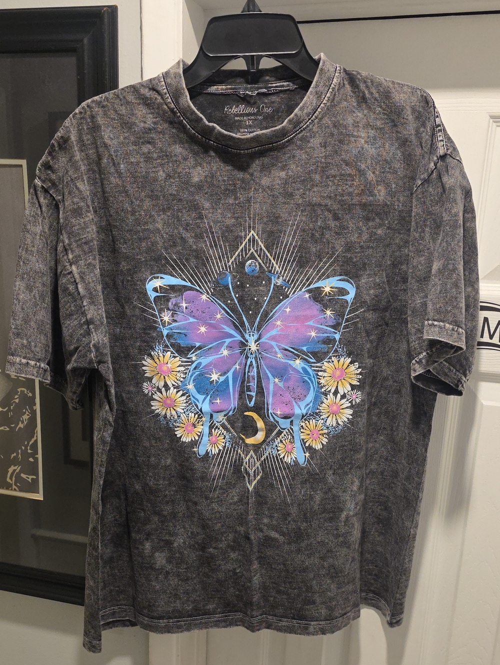 Rebellious One Washed Black Tee with Blue & Purple Butterfly Graphic